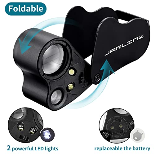 JARLINK 2 Pack 30X 60X 90X Illuminated Jewelers Loupe | Foldable Magnifier with LED & UV Light, for Gems, Diamonds, Coins and Stamps Identification - color: Black