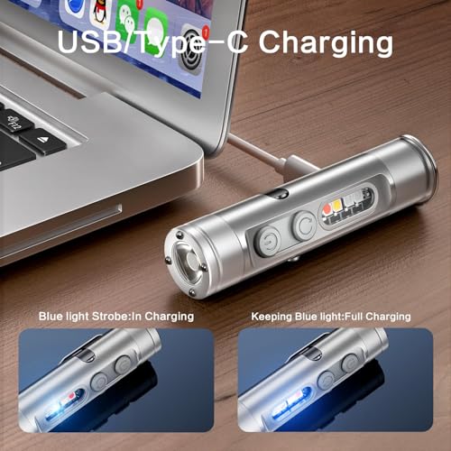[No Igniter] K2 Mini Keychain Flashlight,Rechargeable 5-in-1 EDC Pocket Torch with COB Light, UV, Red Light, Magnetic Base & Window Breaker, Compact Survival Tool for Camping, Car, Travel & Gift - color: Silver