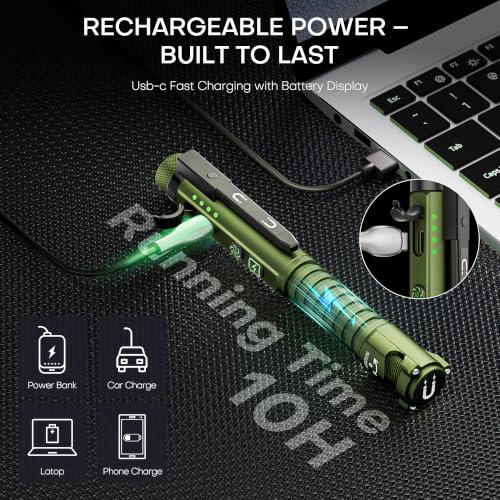 EDC Flashlight Rechargeable,800 Lumen Small Flashlight with Magnetic Clip & Base, 11 Modes LED Flashlight,Glass Breaker&Bottle Opener, USB-C Flashlight for Working,Home and Emergency - color: Green