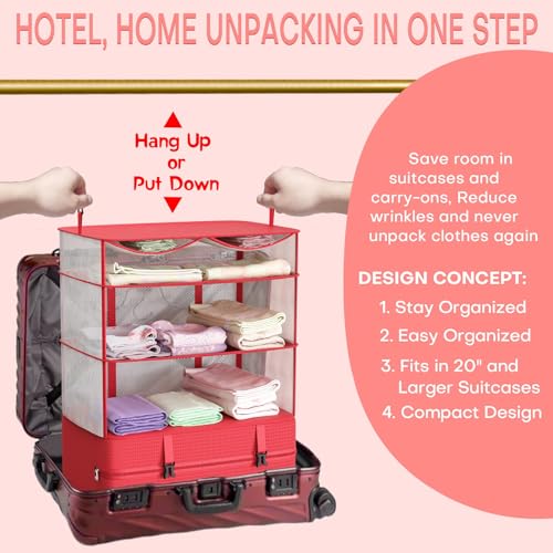 Compressible Packing Cubes Portable Hanging Closet Shelves 17"x12"x24" Extendable Travel Organizer Nylon Packing Bags for Suitcase - color: Red