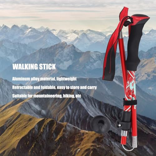 Adjustable Collapsible Trekking Pole – Lightweight Aluminum Alloy Hiking Walking Stick with Quick Lock for Adults & Seniors, Foldable - color: Red
