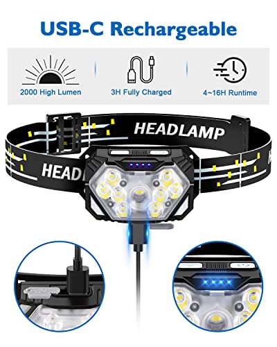 2000LM Ultra Bright 9 LED Headlamp, 2 Pack USB C Rechargeable Headlights, 10 Modes, Motion Sensor, Waterproof Head Lamp Flashlight with Red Light, Adjustable Headband for Adults Camping - color: Rechargeable, size: 2-Pack