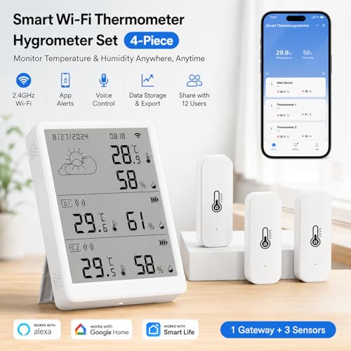 WiFi Thermometer Hygrometer Indoor: Digital Smart Temperature Humidity Monitor with App Notification Alert, Data Storage Export, 100m Range, Compatible with Alexa (3Sensors+1Base Station)