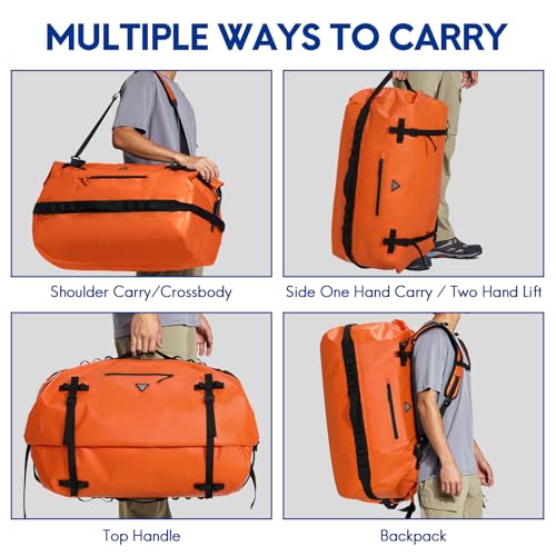 Haimont IPX7 Waterproof Roll-Top Dry Duffel Backpack | 60L/90L Sizes, 500D Tarpaulin, Welded Seams, Mesh Pockets, Boating & Kayaking - color: Orange, size: 60L