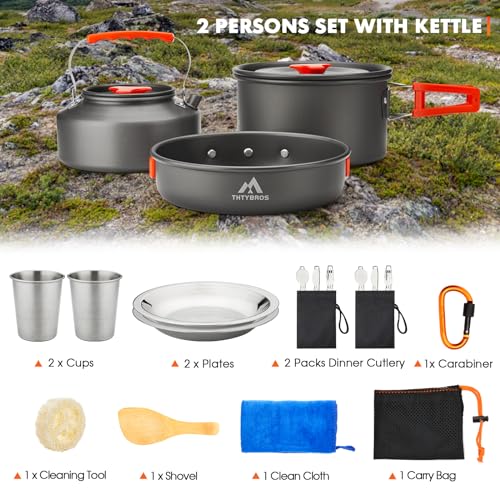 THTYBROS 17pcs Camping Cookware Mess Kit,for Camping,Backpacking,Picnic | 0.45Gal Pot,7inches Pan,0.30Gal Kettle Set with 2 set Stainless Steel Cups Plates Forks Knives Spoons,Pots, Pans & Griddles