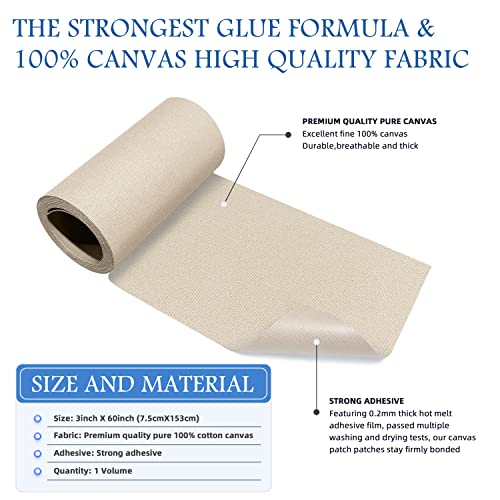 Canvas Iron on Patch,3"×60",Waterproof 100% Cotton Fabric Repair Patch,Used for Various Sofa,Tent,Clothes,Seats,Suitcases (Beige2.0) - color: Beige2.0, size: Canvas-3"x60"