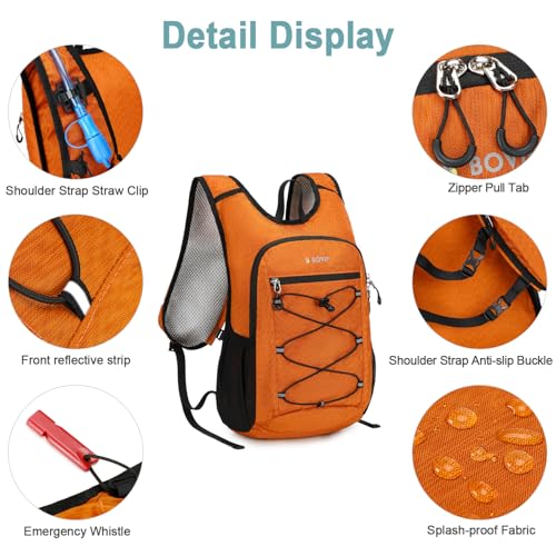 BOVIP Lightweight Hydration Back,15L Multipurpose Hiking Backpack with 1.5L Water Bladder ,Hydro Water Daypack for Cycling Hiking Rave for Men Women - size: Orange