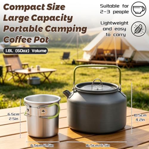 1.8L Camping Kettle Set, Aluminum Alloy Pot with 2 Mugs & Carry Bag | Coffee Tea Kettle, Anti-Scald Handle, Fast Boiling for Open Fire Stove, Hiking Backpacking Picnic