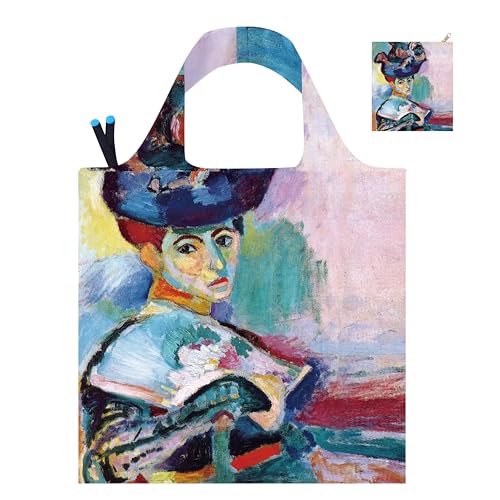 Reusable Grocery Bags, Oil Painting Art Tote Bags With Carry Pouch Waterproof Shopping Bags for Travel Daily Use - style: Woman With a Hat