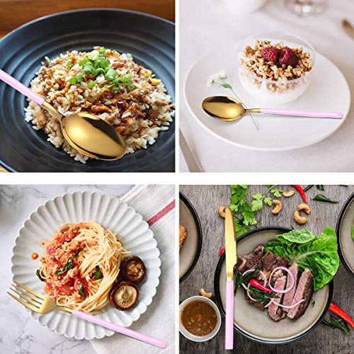 AARAINBOW 7 Pieces Stainless Steel Flatware Set Portable Reusable Cutlery Set Travel Utensils Set Including Chopsticks Knife Fork Spoon Straws Cleaning Brush Dishwasher Safe (Pink Golden) - color: Pink Golden