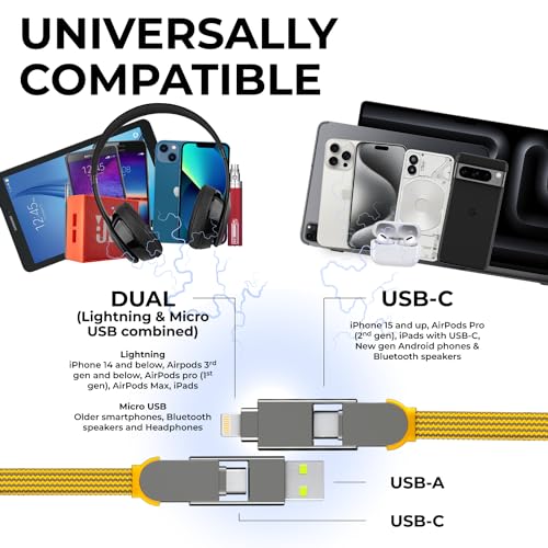 Rolling Square InCharge XL 300cm - USB C Charger Cable, Lightning Cable for Smartphone, Universal Cable Charger 6 in 1, USB Plug, Yellow, 100W - color: Yellow