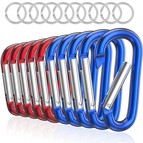 sprookber 3" Aluminum Carabiner D Ring, Caribeener Clips, Spring Snap Hook for Keychain Clip, Set of 10 - color: Blue,Red