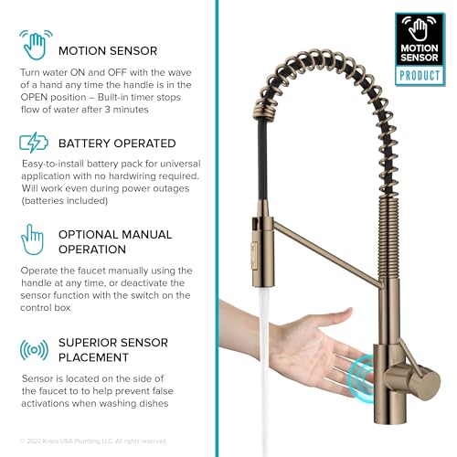 KRAUS Oletto Touchless Sensor Commercial Pull-Down Single Handle Kitchen Faucet with QuickDock Top Mount Assembly in Spot Free Antique Champagne Bronze, KSF-2631SFACB - color: Spot-Free Antique Champagne Bronze, style: Touchless Commercial Style