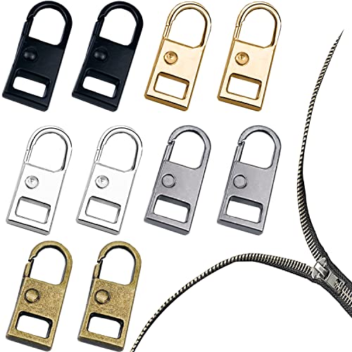 10 PCS Zipper Pull Replacement, Repair Kit Zipper Slider, Metal Fix Zipper Handle, Detachable Zipper Pull Tabs for Luggage Clothing Jacket Backpacks Coat Boots (Black, Silver, Gold, Gun Black, Bronze)