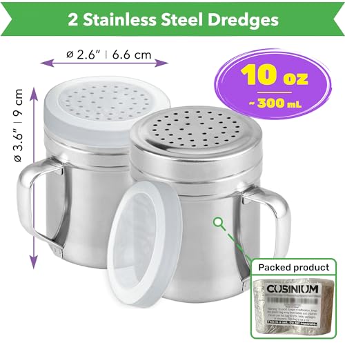 CUSINIUM Metal Salt Pepper Dredge Shakers - With Handle - Seasonings Spice Shakers With Holes and Lids - 10 Ounce, 2pcs | Style: Medium - color: Silver, size: 10 Oz