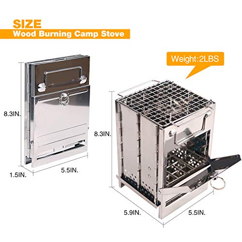 Portable Folding Camping Wood Stove for Outdoor Cooking, Sturdy Lightweight 304 Stainless Steel Wood Burning Camp Stove with Grill for Backpacking BBQ Small/Large (Small) - size: Small without Grid and Pot Stand