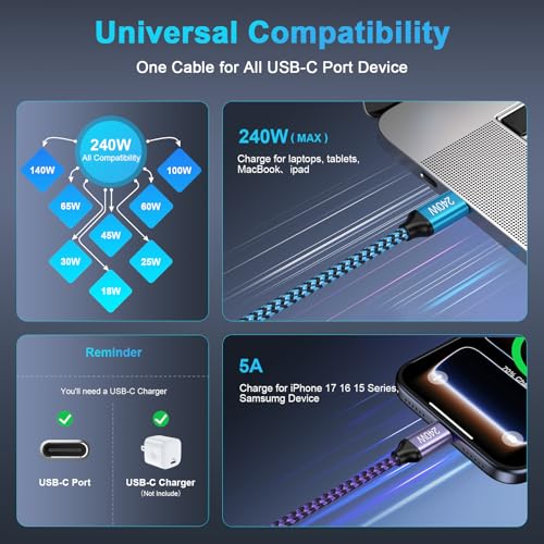 Samsung Charger Super Fast Charging 240W Type C Charger Cord 2Pack 3FT | Braided USB C to USB C Android Charger Cable for Samsung Galaxy S26 Ultra/S25/S24/S23/S22/S21/S20/iPhone 17 Pro Max/17/16/15