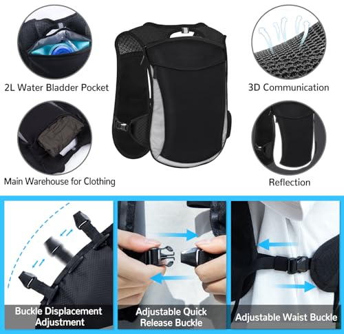 Hydration Backpack with 2L Water Bladder, Lightweight Running Vest for Women Men, Adjustable Straps, Multi-Pocket Water backpack, Breathable Running Vest for Hiking, Cycling, Climbing, Camping, Biking