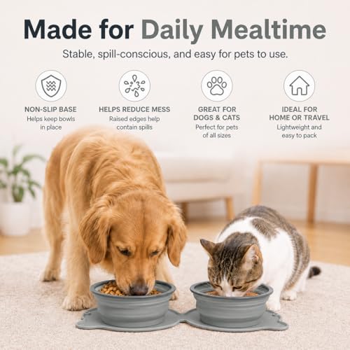 Collapsible Dog Bowls, 2-in-1 Silicone Pet Food and Water Bowl with Carabiner - Portable Double Compartment Travel Dish for Dogs, Ideal for Camping, Hiking, Car Rides, Puppy Essentials (Gray) - color: Gray