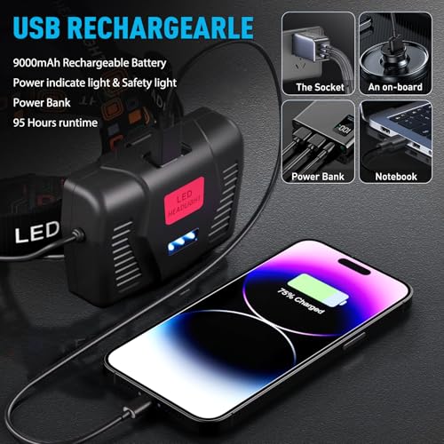 AMAKER LED Headlamp Rechargeable 99000 High Lux, Head Lamp with 12 Modes, IPX7 Waterproof USB Rechargeable Headlight, Zoomable Headlamp for Adults, 90° Adjustable for Camping Hunting