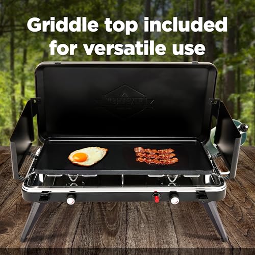 Hike Crew 2-in-1 Gas Camping Stove and Griddle | 20,000 BTU 2 Burner Propane Portable Stovetop w/Griddle Plate | Foldable Legs | Integrated Igniter w/Regulator | Wind Panels & Built-in Carry Handle - style: Stove + Griddle