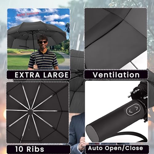 MRTLLOA Compact Golf Umbrella, 10 Ribs Vented Windproof Travel | 49/54/62 Inch Large Oversize, Double Canopy, Quick-Dry Fabric, Lightweight, Umbrellas for Rain - color: Black, size: 54 Inch