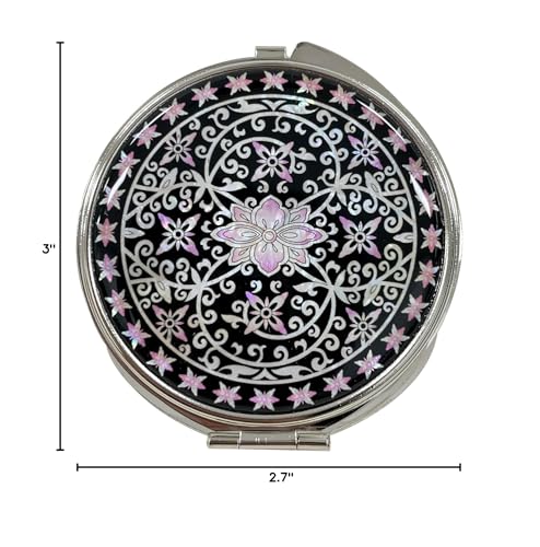 Portable Makeup Compact Double Magnifying Mirror Cosmestic Foldable Pocket Style Unique Mother of Pearl Design (Ivy) - color: Ivy