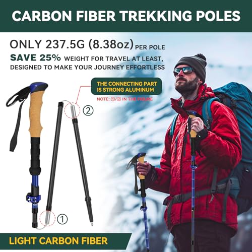 Carbon Fiber Trekking Poles, Lightweight Hiking Sticks with Cork Grip 2 Pcs - color: Blue