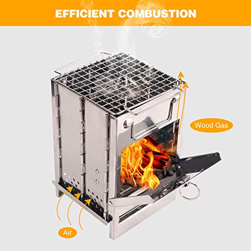 Portable Folding Camping Wood Stove for Outdoor Cooking, Sturdy Lightweight 304 Stainless Steel Wood Burning Camp Stove with Grill for Backpacking BBQ Small/Large (Small) - size: Small without Grid and Pot Stand