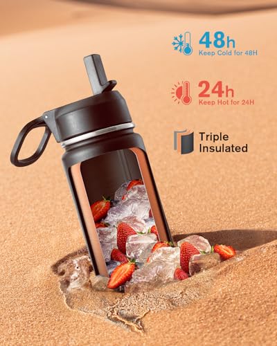 Coolflask 24 oz Insulated Water Bottle with Straw & 3 Leakproof Lids | Water Flask Stainless Steel Triple-Wall Vacuum, Cupholder Friendly, Cold 48+h, Dishwasher Safe, Non-BPA, for Gym & Hiking - color: Magic Black, size: 24 Ounces