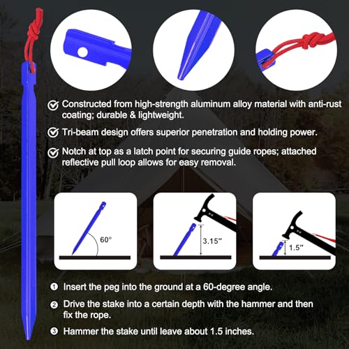 Eurmax USA Hiking Camping Tent Stakes and Hammer Set Lightweight Multi-Function Tent Hammer with Tent Stake Remover,Tent Pegs for Camping, Hiking, Backpacking, Gardening(Blue Stakes) - color: blue, style: Stakes&Hammer