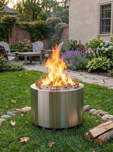 Gotland 19 inch Smokeless Fire Pit Stove with Ash Poker & Carry Bag, Outdoor Stainless Steel Portable Wood Burning Fireplace for Camping and Picnic - Silver - size: 19 inch