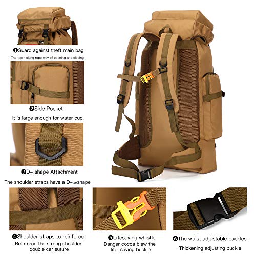 King'sGuard 70L Camping Hiking Backpack for Men Women Large Military Tactical Backpack Molle Rucksack Backpack for Outdoor - color: Khaki