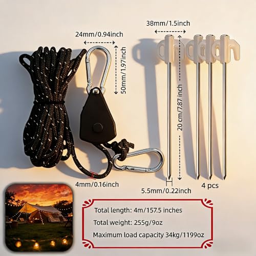 Camping Tent Rope Pulley System with Stakes, 4mm Braided Polyester Wind Rope, 13ft Adjustable Tightener with Carabiner and 4 Glow-in-the-Dark Steel Stakes, 34kg Load Capacity