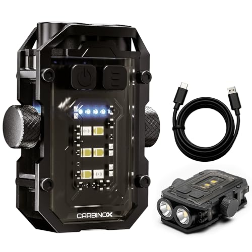 CARBINOX Flashlight Mini, 300 Lumens Rechargeable LED+COB Light, Dual Independent Switches, 7 Modes w/Red-Blue Warning, USB-C Fast Charging, Cap-Clip Hands-Free Use