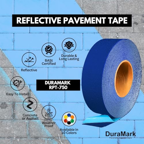 DuraMark RPT-750 Reflective Pavement Marking Tape, Blue, 2 in x 36 ft Roll | Permanent rubber base bonds to asphalt and concrete; glass-bead reflectivity improves low-light visibility. - color: Blue, size: 2 Inch x 36 Ft