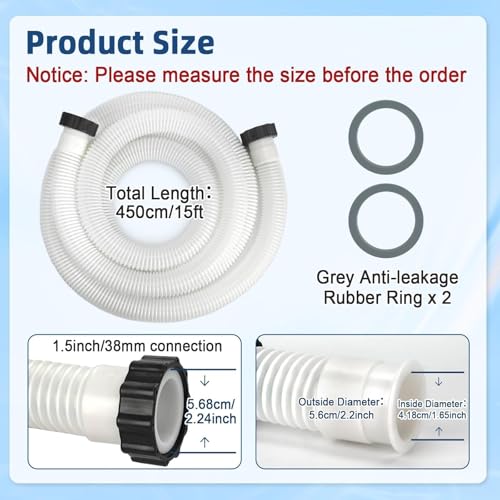 15ft 1 1/2" Pool Hose for Above Ground Pools Long Pool Pump Replacement Filter Hoses 1.5" EVA Swimming Pool Filter Hose for Filter Pumps, Saltwater Systems and Sand Filters (White) - color: White