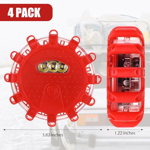 4 Pack LED Road Flares Emergency Light Kit 9 Glow Modes Flashing Safety Warning Beacon Magnet Hook Vehicle Boat Truck Disc Magnetic Flash Cars Security Driveway Automotive Strobe(Red) - color: Red