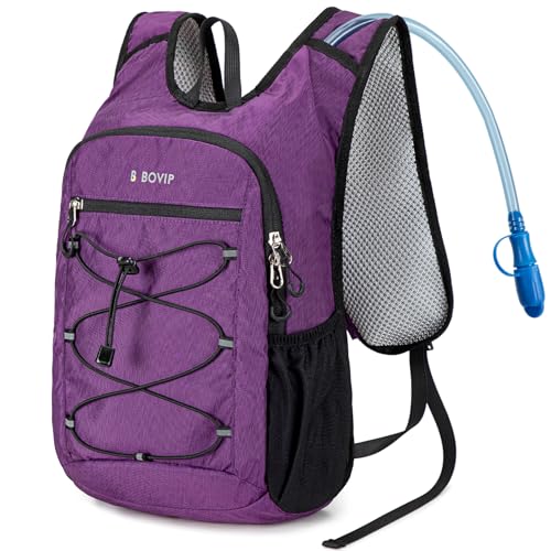 BOVIP Lightweight Hydration Back,15L Multipurpose Hiking Backpack with 1.5L Water Bladder ,Hydro Water Daypack for Cycling Hiking Rave for Men Women - size: Purple