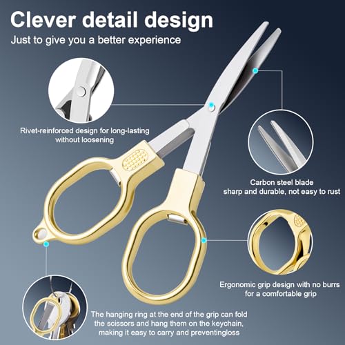 BSADIY 2 Pcs Mini Folding Stainless Steel Badge Scissors with 2 Keychains | Safety Foldable Pocket Small Travel Scissors All Purpose for Travel, Home, Office, Craft, Sewing, Nurse Accessories (Gold) - color: Gold