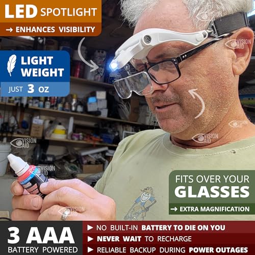 Vision Aid Magnifying Glasses with Light for Close Work, Illuminated Hands Free Headband Magnifier Goggles with Storage Case for Hobby Painting Reading Coin Watch Bead Jewelry… - style: 3 AAA Battery Powered (not included)