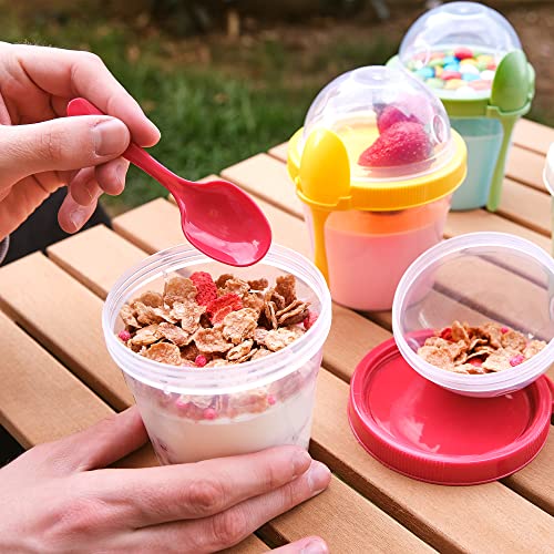 Crystalia 4 Pack 17 oz On The Go Yogurt Parfait Cups with Lids & Spoons - Breakfast Plastic Bowls with Topping -Cereal Oatmeal Salad or Fruit Container for Snack Box - color: Bright