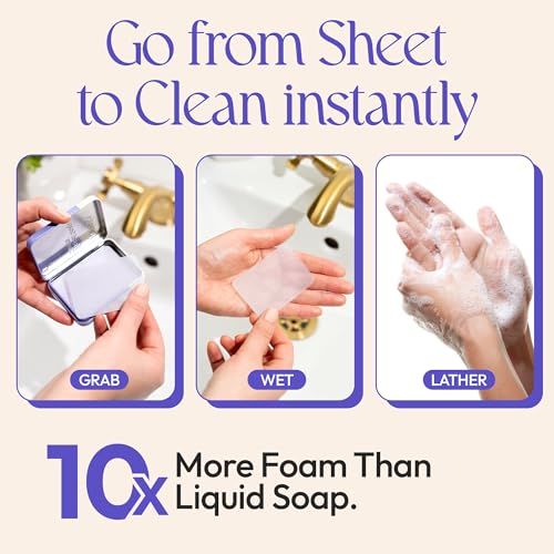 FOMIN - Paper Soap Sheets for Traveling - 100 Lavender Portable Camping Soap Sheets for Travel in Tin - Dissolvable Mini Portable Travel Soap Sheet for Hand Washing - color: Lavender