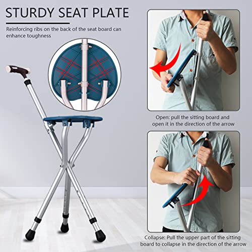 Yayayo Hold 440 lbs Folding Canes with Seat Walking Stick Height Adjustment Cane Seat Capacity Frosted Handle with Magnetic Therapy Stone Crutches Stool - color: Blue