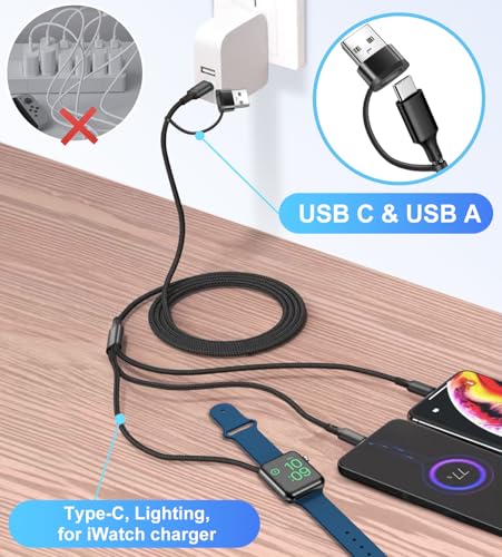 Multi Charging Cable for Apple Watch Charger 2Pack 4ft for Multiple Devices | USB C Multi Charger Cord Travel for iWatch Ultra 2/SE 2/10/9/8/7/6/5/4/3/2/1, iPhone 16/15/14/13, iPad, AirPods