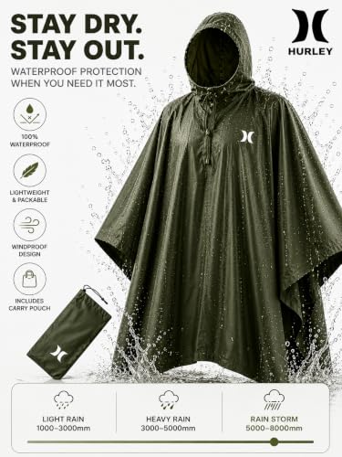 Hurley Ponchos Adult Rain Ponchos Waterproof Lightweight Packable Rain Top | Compact Packable Design for Hiking, Camping and Emergencies, Waterproof Coverage That Stows Easily in a Bag - color: Olive