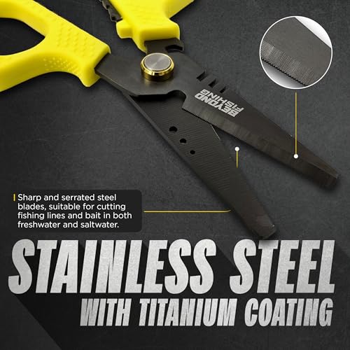 Beyond Fishing 6.5" Pro Fishing Shears Dual Serrated Blades, Fishing Braided Line Scissors with Titanium Coating, Non-Slip Grip & Multifunction Tool, Includes Hard Molded Locking Sheath - color: Pro - Yellow