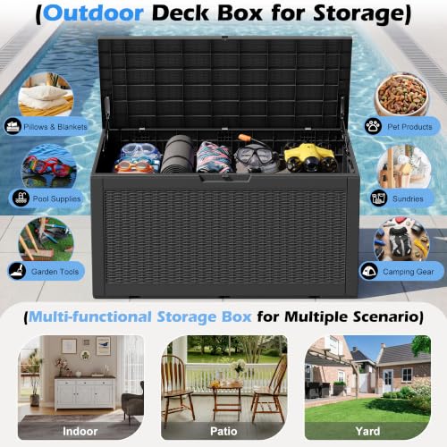 Outdoor Storage Box Waterproof, 100 Gallon Deck Box For Patio Storage - color: Rattan Black, style: 100Gallon