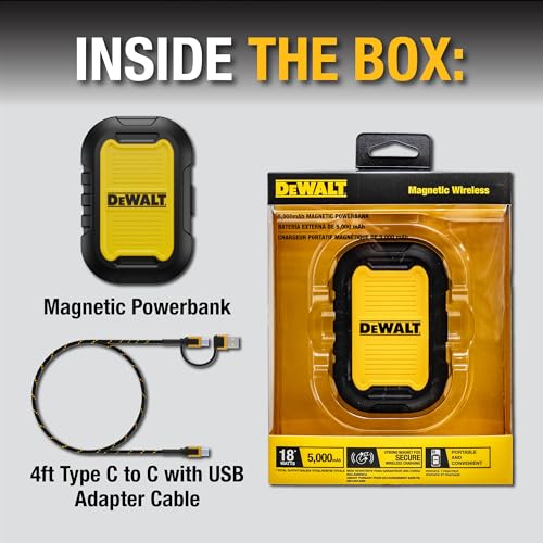 DEWALT Heavy Duty Magnetic Power Bank 5, 000mAh, Rugged, Wireless | Portable Charger 18W Fast Charging Battery Pack, USB-C to C w/USB Adapter Cable 4' Water Resistant Works w/Magsafe iPhone