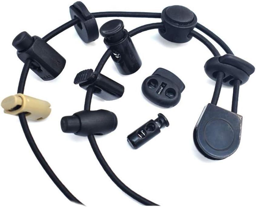 30pcs Plastic Cord Locks with 1/8-Inch 50ft Elastic Cord Heavy Stretch Round String, 10Pcs Sing-Hole, 10pcs Double-Hole Spring Toggle Stopper Slider (3mm-Black)